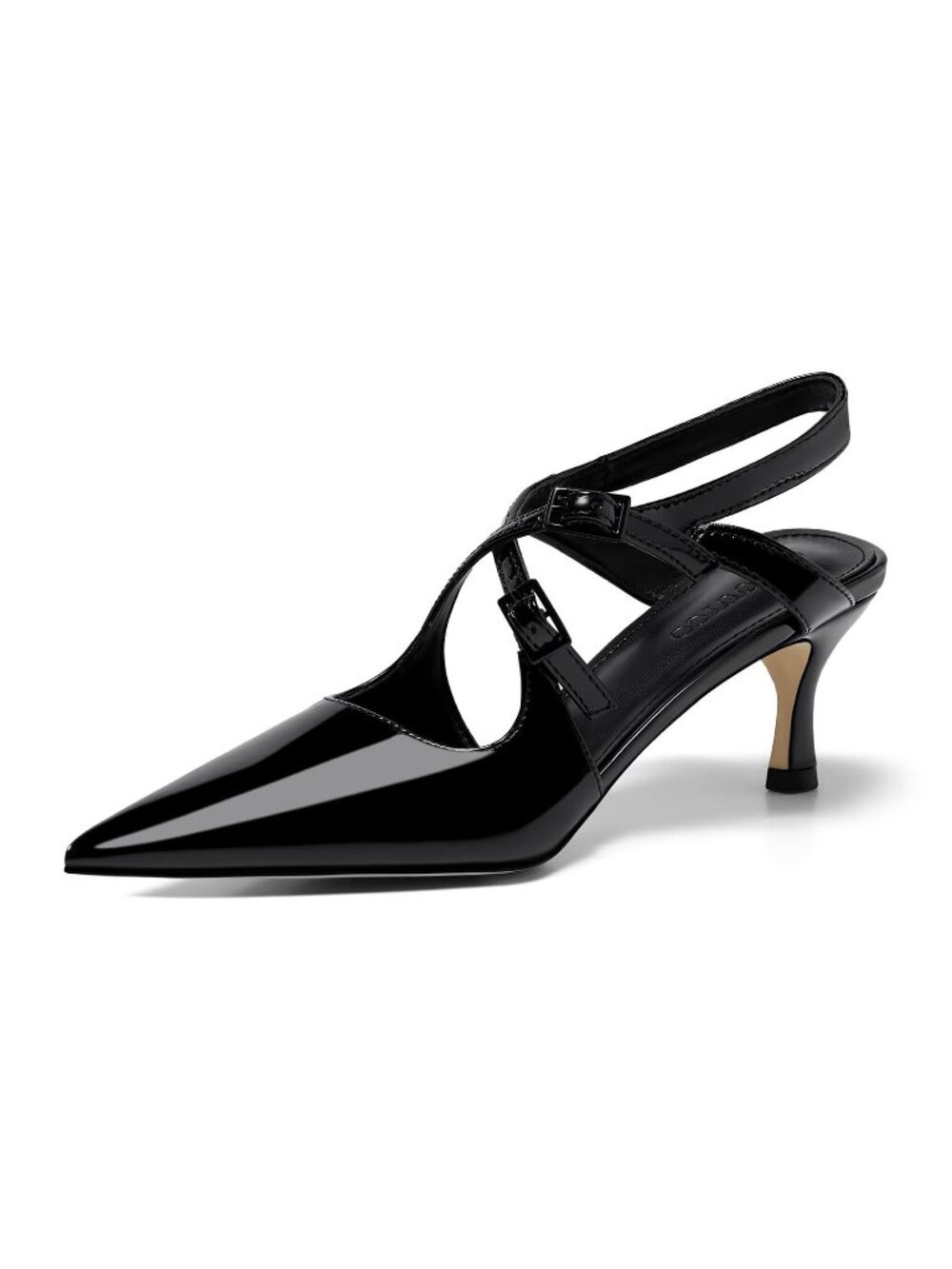 Pointed Coutgo Kitten Heel Crisscross Straps Black Patent